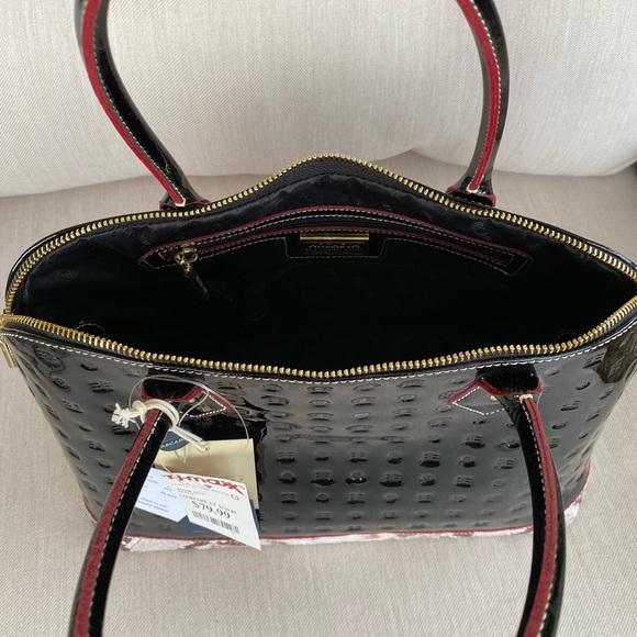 Arcadia Glossy Black and Textured Brown Satchel - Picture 9 of 12